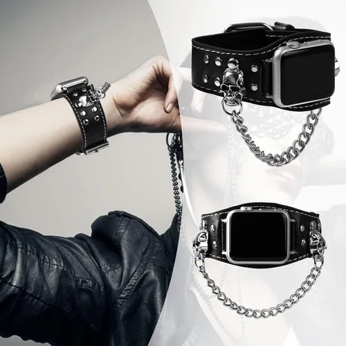 Vista 2 de VIQIV Pulsera de cuero con calavera compatible con Apple Watch Band Ultra de 1.929 in, 1.732 in, 1.772 in, 1.654 in, 1.614 in, 1.575 in, 1.496 in
