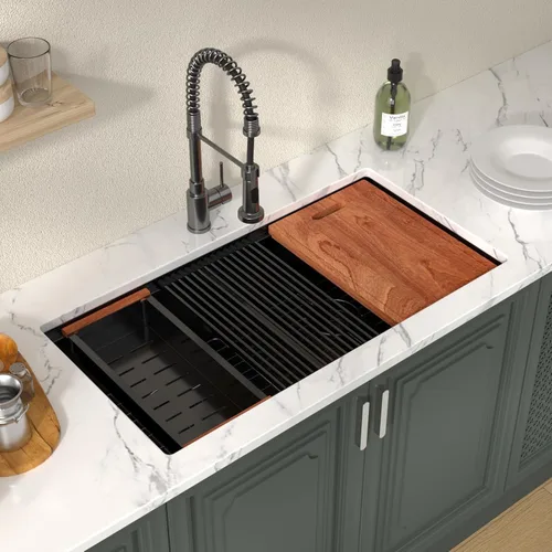 Vista 2 de Lordear 33 Inch Matte Black Double Bowl Kitchen Sinks