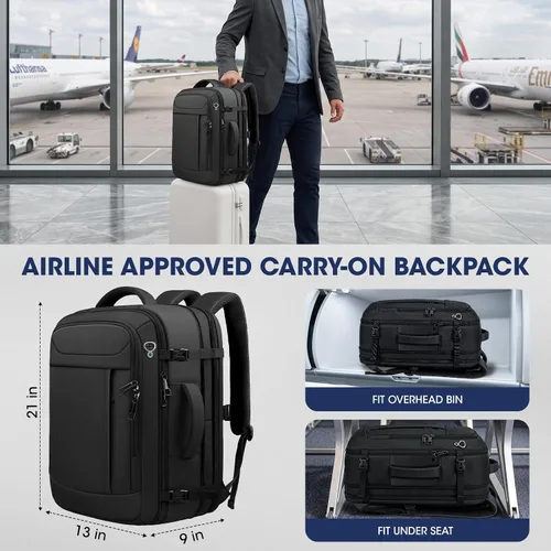 Vista 5 de Mochila de viaje, 40L 50L Mochila de transporte grande expandible aprobada Negro