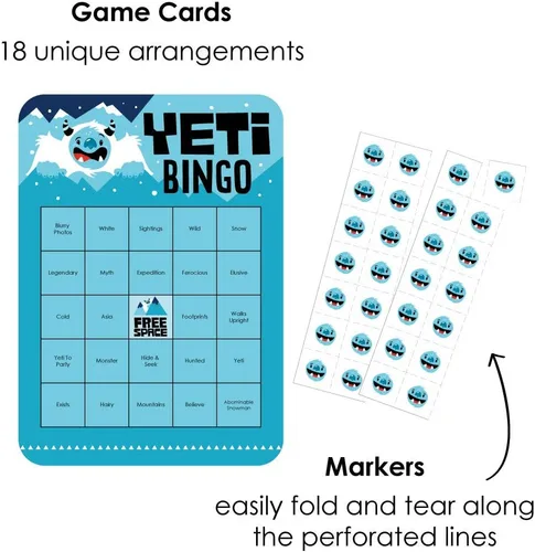 Vista 2 de Big Dot of Happiness Yeti to Party - Tarjetas de bingo y marcadores - Abominable Muñeco de nieve para fiesta o fiesta de cumpleaños - Juego de 18