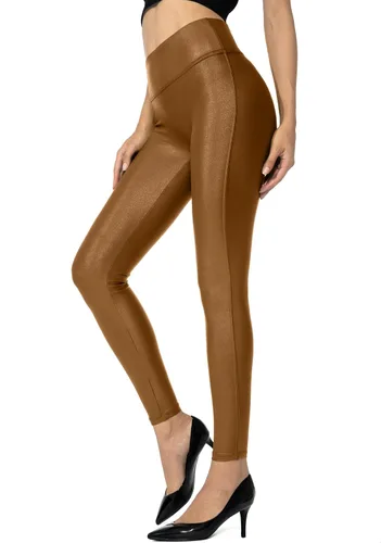 Vista 14 de SANTINY - Pantalones de cuero sintético de 25.5"/27" para mujer, leggings elásticos de cintura alta para mujer Beech Wood