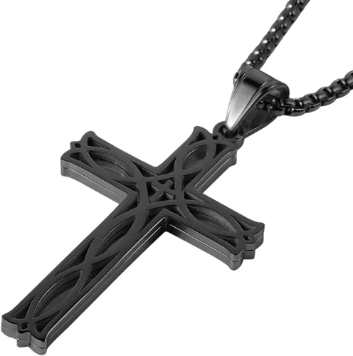 Vista 2 de HZMAN Collar con colgante de cruz celta infinita para hombre, de acero inoxidable, con nudo irlandés, cadena de eslabones de 22 + 2 pulgadas, Acero