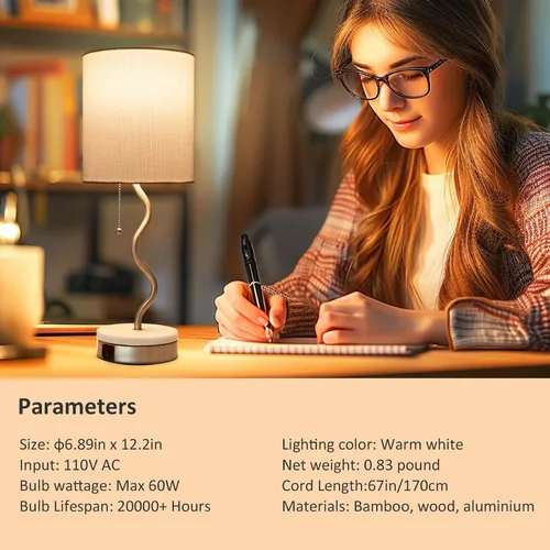 Vista 5 de Lámpara de Mesa con Base de Mármol - Lámpara de Mesita de Noche Moderna con Puerto USB y Cadena de Tracción, Lámpara para Dormitorio, Sala de Estar