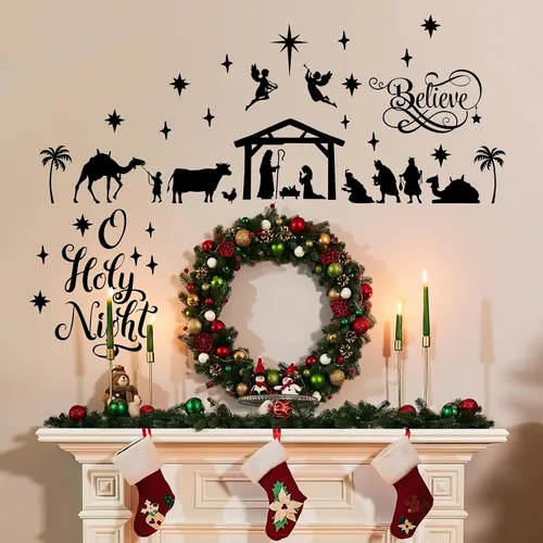 Vista 6 de Chinco Calcomanías grandes de decoración de pared con belén de Navidad, calcomanías de vinilo para pared, decoración de Navidad, murales religiosos