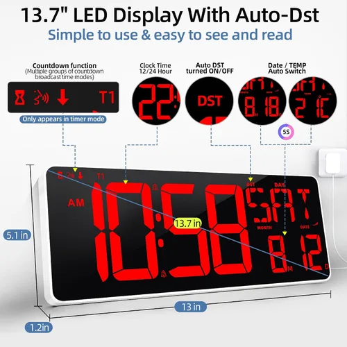Vista 2 de TXL Reloj de pared digital grande de 13.7 pulgadas con control remoto, reloj de escritorio LED digital con función