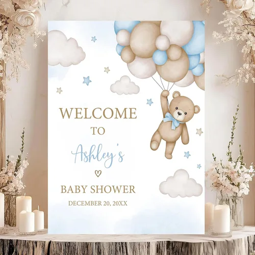 Vista 11 de Letrero de bienvenida con texto en inglés «We Can Bearly Wait Baby Show» para niño, tema de globo de oso de peluche azul Style#1