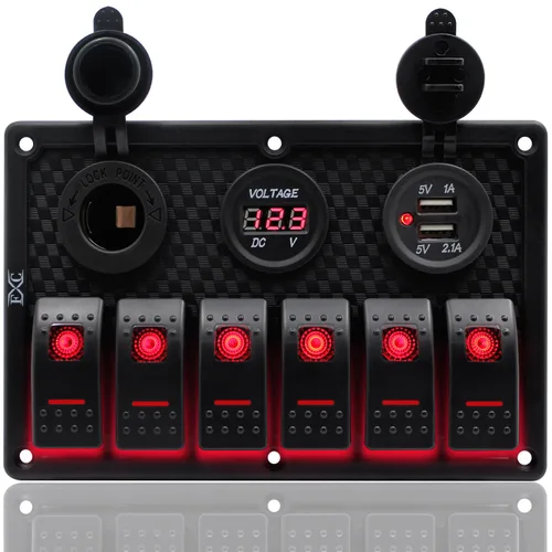 Vista 8 de Panel FXC impermeable, con ranura de doble puerto USB, fusibles de 4.2 A, visualización digital de voltaje, toma de encendedor y 4, 6 u 8 tipos