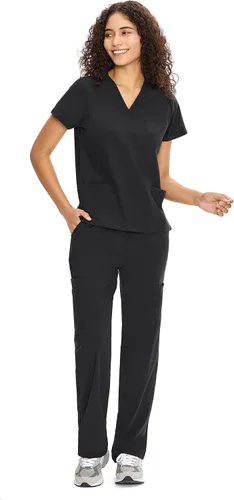 Vista 7 de COZYFIT Scrubs for Women Set - V-Neck & Straight Leg Pants with 9 Pockets Negro