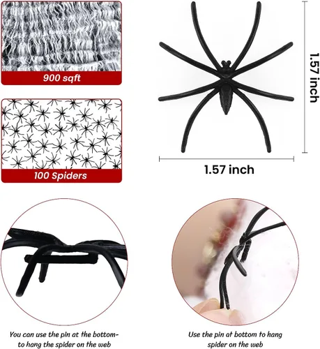 Vista 5 de Telarañas de 900 pies cuadrados para decoración de Halloween con 100 arañas falsas, telarañas súper elásticas para decoraciones de Halloween