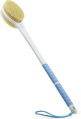 Vista 8 de Cepillo de ducha con cerdas suaves y rígidas, mango largo de 18.5" de doble cara, cepillo de baño para la espalda, exfoliador corporal para Azul