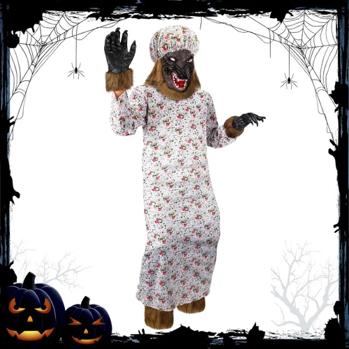 Vista 7 de Bonuci Disfraz de Halloween de lobo de abuelita para adultos, traje de cosplay con sombrero, máscara de cabeza de lobo, guantes de lobo