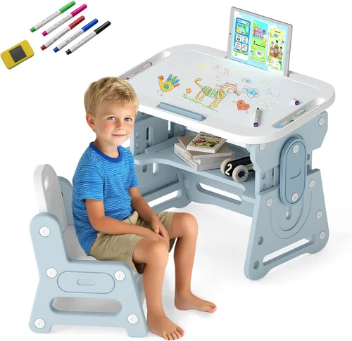 Vista 10 de Costzon - Juego de mesa y silla para bebé, escritorio de actividades de plástico con pizarra, bolígrafos de acuarela, borrador de pizarra y estante
