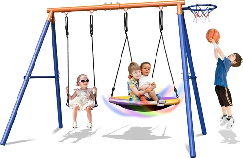 Vista 12 de Juego de columpios para niños 5 en 1 para patio trasero con trampolín, soporte de marco en A resistente de 880 libras, soporte de metal