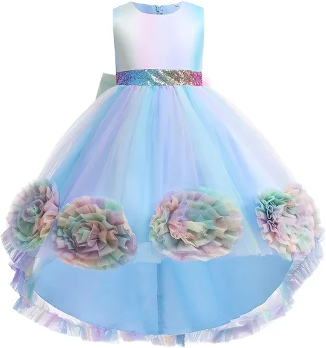 Vista 2 de IZKIZF Vestido de princesa de lentejuelas de unicornio para niñas vestido de lujo de tul alto disfraz de Halloween fiesta de Navidad boda vestido
