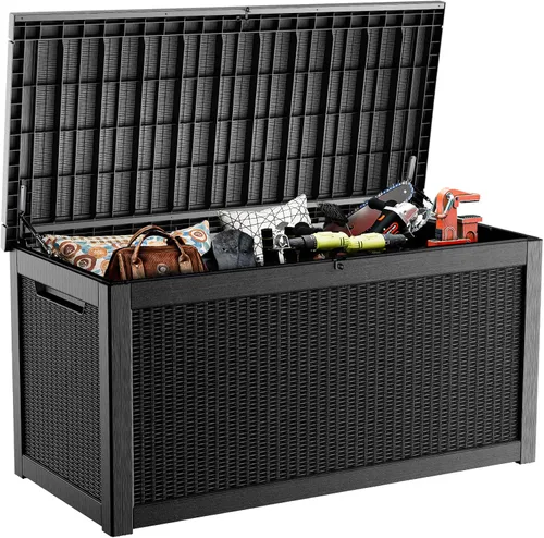 Vista 23 de Caja de resina de 30 galones para terraza, caja de almacenamiento para patio al aire libre con cierre para muebles, herramientas de jardín
