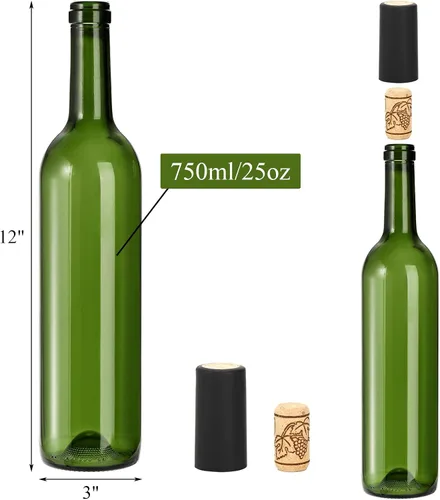 Vista 2 de DEAYOU Paquete de 8 botellas de vino burdeos de 25.4 fl oz, botellas de vidrio transparente con 8 corchos y 8 cápsulas retráctiles de PVC, botella