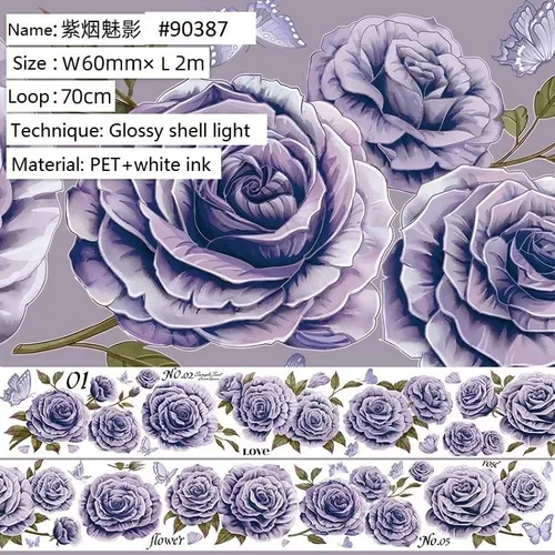 Vista 3 de Cinta washi de rosa para collage original de flores, creatividad, hecha a mano, para libro de diario, material PET con efecto láser (90387)