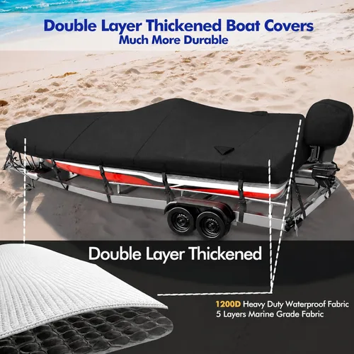 Vista 4 de Funda para Barco de 16-18 pies, Funda para Barco Bass 1200D, Fundas para Barco Resistentes e Impermeables con Funda para Motor y Kits de Drenaje