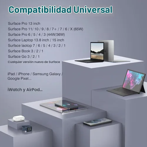 Vista 2 de Cargador para portátil de 65 W compatible con Microsoft Surface Pro 11, 10