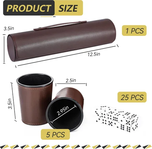 Vista 2 de Party Games - Juego de tazas de dados de cuero, 5 tazas de dados negros + 25 dados + funda exclusiva de almacenamiento y transporte hecha