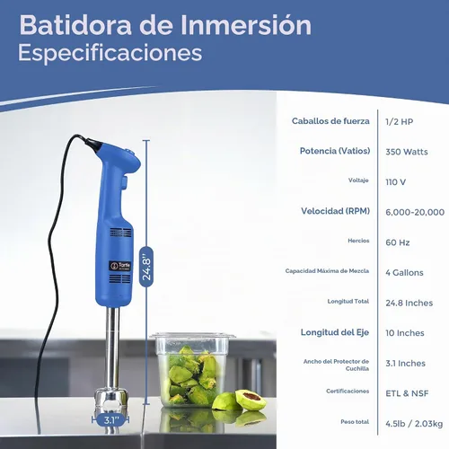 Vista 3 de Licuadora de inmersión comercial, batidora de mano, 350W 4000-20000RPM, acero inoxidable, eje desmontable de 10 pulgadas con velocidad variable