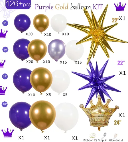 Vista 7 de Kit de guirnalda de globos morado real dorado blanco 126 piezas globos de papel aluminio de corona de explosión estelar de lujo de doble relleno
