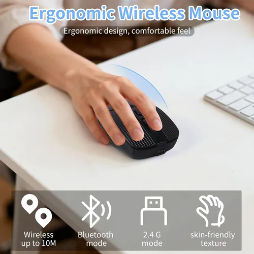Vista 2 de Ratón Bluetooth inalámbrico, modo dual recargable, ergonómico, silencioso y portátil, carga tipo C, con receptor USB de 2.4G, para PC, MacBook