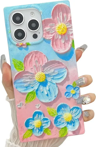 Vista 11 de Funda compatible con iPhone 14 Pro con borde rectangular, bonita funda protectora de lujo con pintura al óleo y flores para mujeres y niñas, funda
