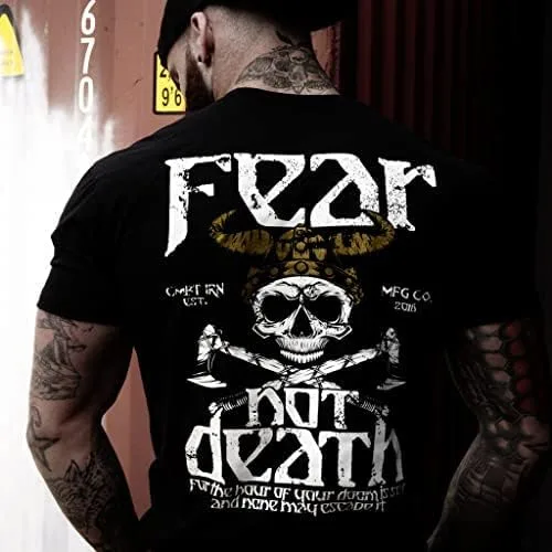 Vista 4 de Combat Iron Fear Not Death, Viking Warrior - Camiseta gráfica de manga corta para hombre, unisex de ajuste atlético (negro, L), Negro