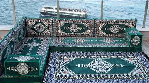 Vista 5 de arabicsofa Verde Juego de Asientos de Suelo Orientales Hechos a Mano – Sofá de Suelo Tradicional con Respaldo