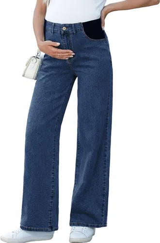 Vista 7 de BLENCOT Vaqueros de maternidad para mujer de cintura alta con pierna recta, pantalones de embarazo de mezclilla con bolsillos