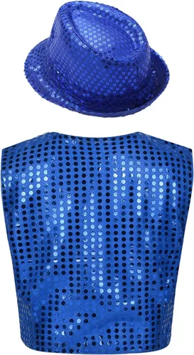 Vista 2 de Chaqueta de lentejuelas para niños y niñas, chaleco de hip-hop, baile de jazz, actuación, disfraz de Navidad con sombrero