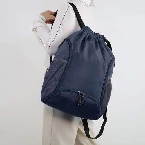 Vista 7 de Valleycomfy - Bolsa de gimnasio con cordón, mochila de baloncesto, soporte para dos botellas Azul oscuro