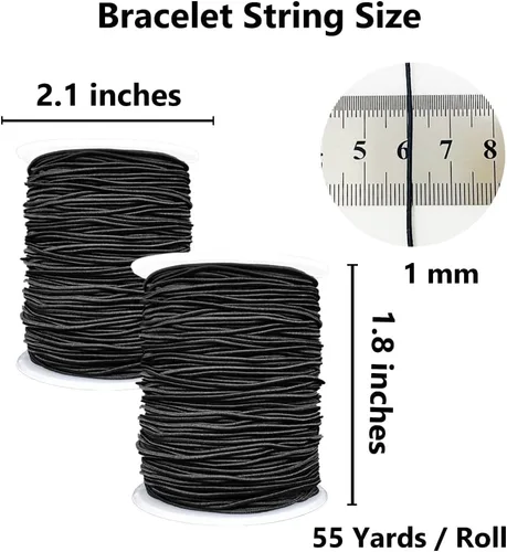 Vista 2 de Cuerda elástica para pulseras, 2 rollos de 1 mm de cuerda elástica resistente para hacer joyas, collares, encordado (negro)