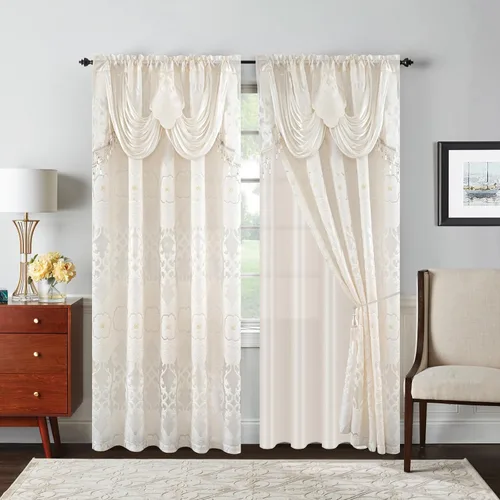 Vista 12 de Petrichor Cortinas de gasa jacquard transparente borgoña (54 pulgadas de ancho x 63 pulgadas de largo), 2 paneles con cenefa adjunta, diseño floral