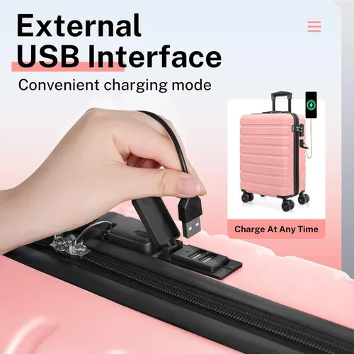 Vista 4 de AnyZip - Equipaje de mano de 21" con carcasa dura PC ABS, maleta ligera con USB, ruedas y candado TSA, Rosa