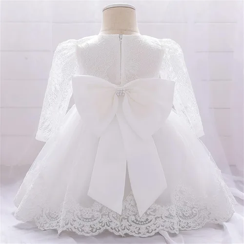 Vista 5 de Vestidos con vuelo para niñas y bebés con volantes de manga larga de encaje con lazo, vestidos de flores para desfiles, fiestas, bodas