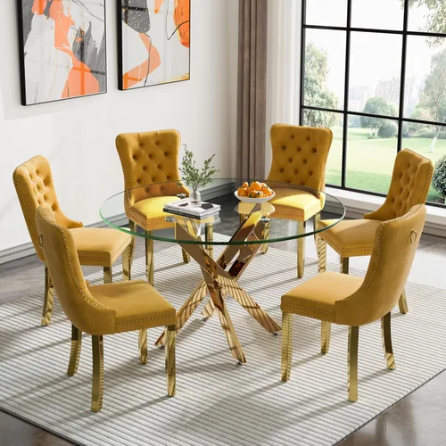 Vista 42 de Juego de mesa de comedor SSLine moderno de 3 piezas con mesa redonda de vidrio para 2, lujosa mesa de comedor circular de 36" con tapa de vidrio