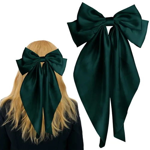 Vista 6 de Pufandor - Lazo para el cabello de satén sedoso para mujeres, lazos rojos para niñas, pasadores de lazo, cola larga con clips, lazos grandes