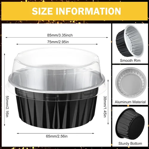 Vista 3 de Paquete de 200 forros de aluminio para cupcakes con tapas, color negro, liso 5 oz Round Baking Cup, Disposable Ramekin Container, Wedding