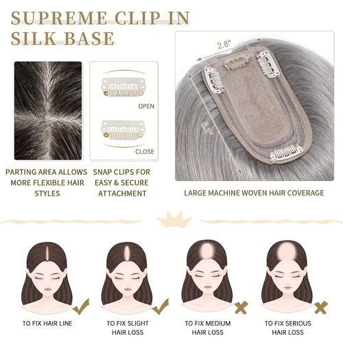 Vista 38 de Hairro Toppers de cabello humano 100% real para mujeres sin flequillo, postizos de cabello real con clip, base de seda transpirable para cubrir