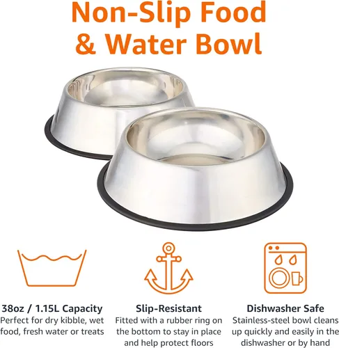 Vista 3 de Amazon Basics Cuenco antideslizante de acero inoxidable para agua y comida para perros, paquete de 2 (10 x 2.8 pulgadas), cada uno con capacidad