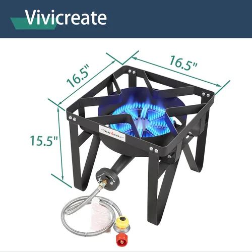 Vista 6 de Vivicreate Estufa de Gas Propano, 185000 BTU de Alta Presión para Acampar al Aire Libre con Regulador, Quemador de Hierro Fundido, Regulador