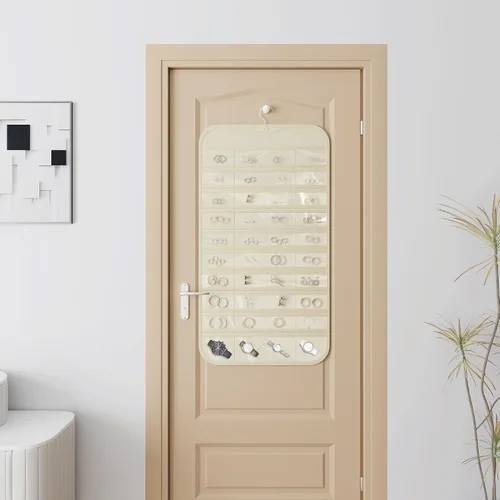Vista 6 de Organizador colgante de joyas con 80 bolsillos de almacenamiento de doble cara, 1 paquete, color beige