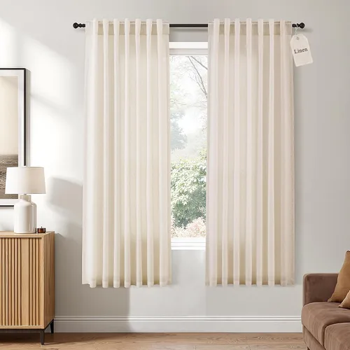Vista 10 de Naturoom Cortinas de lino de 96 pulgadas de largo y 8 pies para sala de Crema Beige