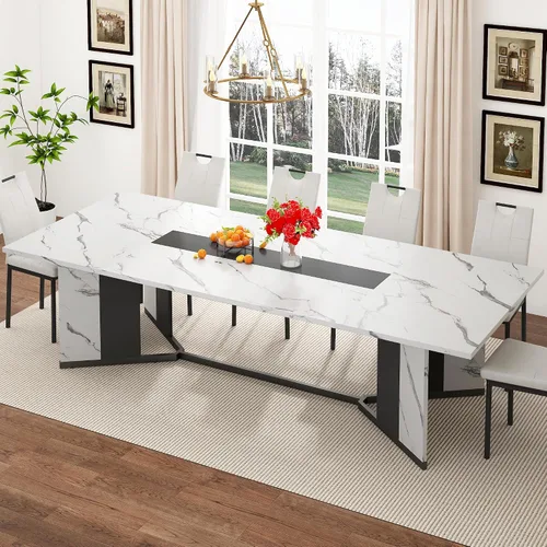 Vista 14 de chartustriable Mesa de comedor para 4 a 6 personas, mesa de cocina moderna grande de 71 pulgadas con diseño de camino de mesa integrado, mesa