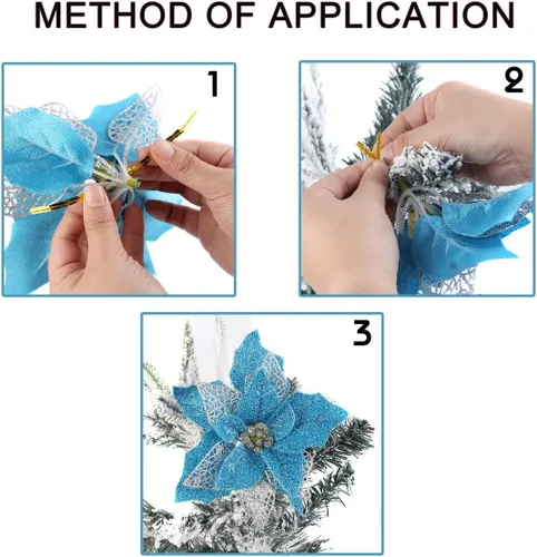 Vista 3 de Jim's Cabin Paquete de 12 flores de Pascua artificiales con purpurina para adornos de árbol de Navidad, mariposas y decoraciones doradas (azul)