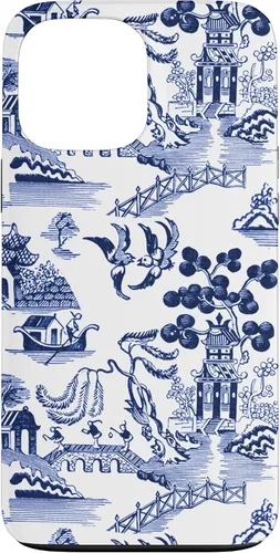 Vista 23 de iPhone 14 Pro Preppy Azul y Blanco Willow Patrón Chinoiserie Toile Case