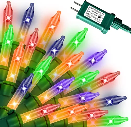 Vista 9 de Luces de cadena navideñas mini de 100 unidades en morado y verde, con certificación UL, equipadas con 8 modos de iluminación, perfectas para patios