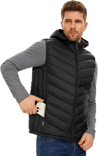 Vista 4 de YKR Chaleco acolchado para hombre, chaleco de plumón de invierno, con capucha, cremallera, sin mangas, con bolsillos